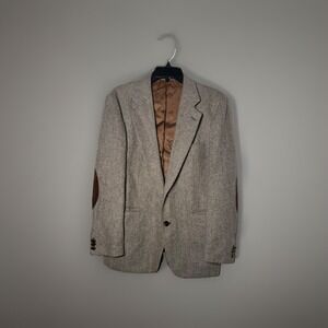 Vtg Gentleman's Wool Herringbone‎ Brown Tailored Blazer Sz 40 Suede Elbow Preppy